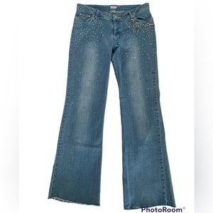 Y2K Cache Light Blue Flare Jeans Raw Hem Rhinestone Chain Pockets Women Size 10